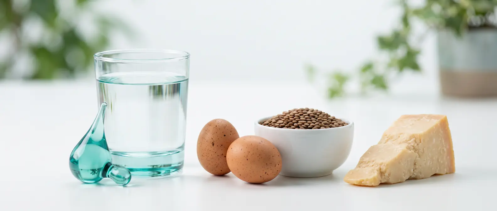 Eiweißreiche Lebensmittel — Eier, Linsen und Käse — neben einem Glas Wasser auf hellem Untergrund: Eiweißstatus unter GLP-1