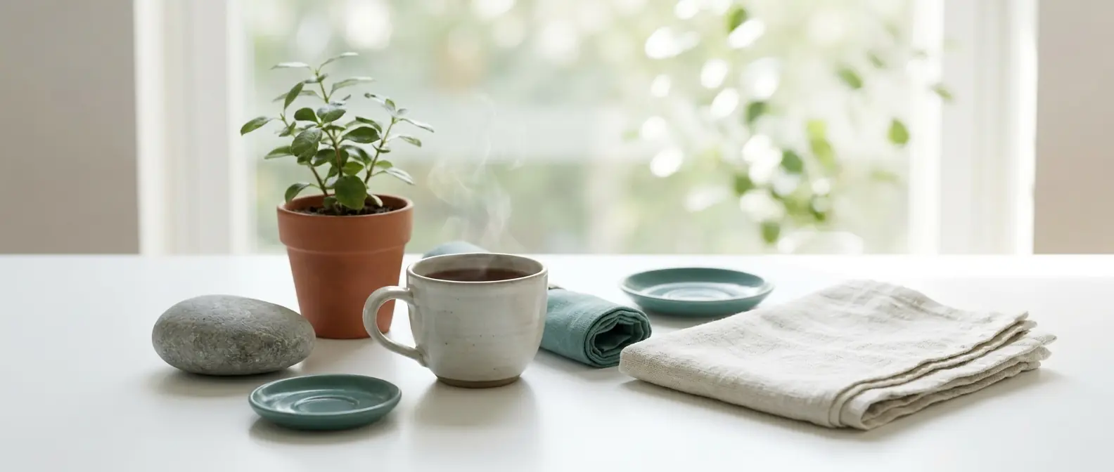 Ruhige Stillleben-Szene mit einer Tasse Kräutertee, einer kleinen grünen Pflanze und einem Kieselstein auf hellem Untergrund — Symbol für Ruhe und Stressabbau
