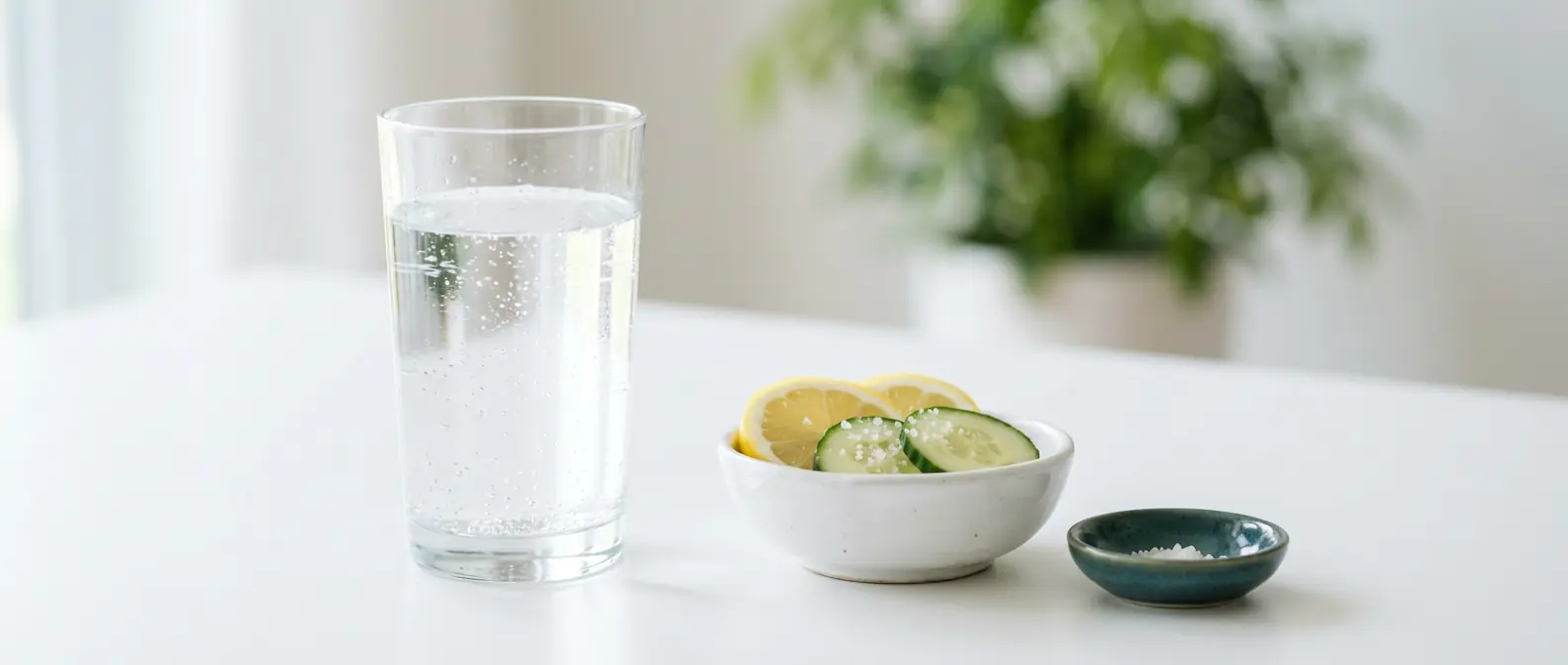 Glas Wasser neben einer Schale mit Zitrone, Gurke und etwas Mineralsalz auf hellem Untergrund — Elektrolyte und Flüssigkeit unter GLP-1