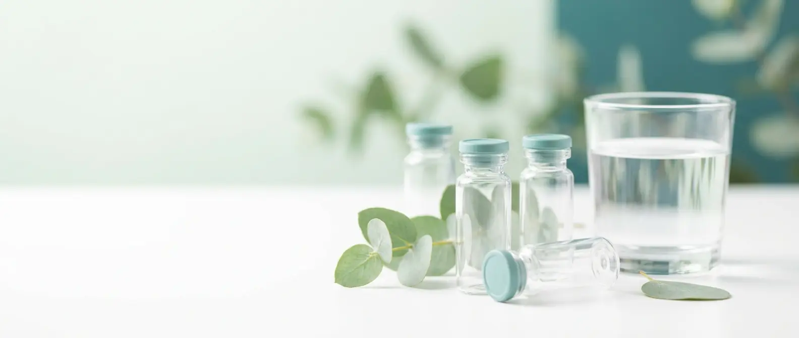 Klare Laborröhrchen mit tealfarbenen Deckeln, ein Glas Wasser und frische grüne Blätter auf weißem Untergrund — Entzündungswerte im Blut