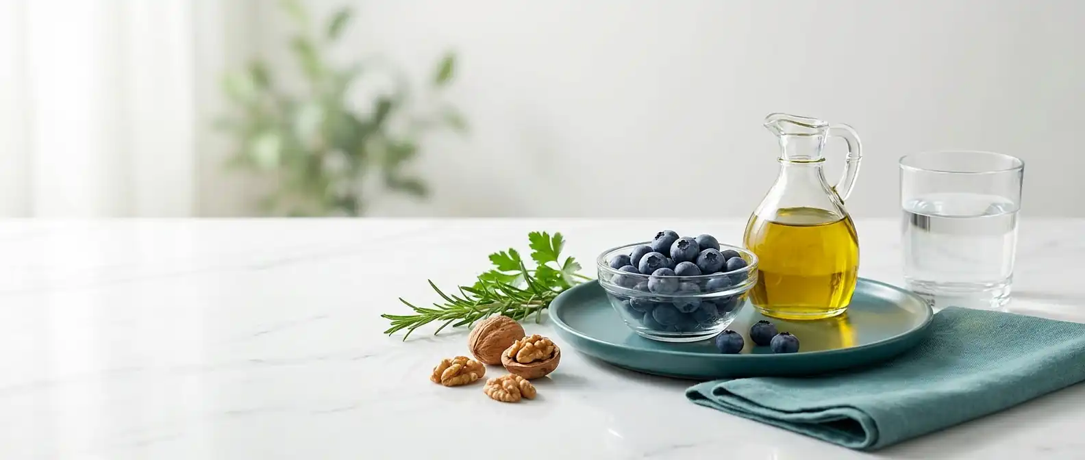 Frische leberfreundliche Lebensmittel — Blaubeeren, Walnüsse, Olivenöl, grüne Kräuter und ein Glas Wasser — auf hellem Untergrund mit petrolfarbenen Akzenten