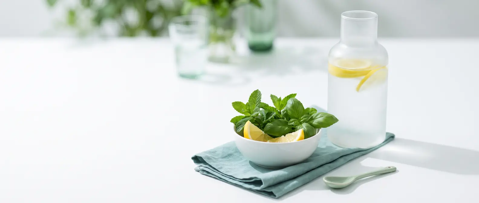 Helles, klares Stillleben mit Wasserkaraffe, frischen Kräutern und Zitrone auf weißem Tisch — Symbolbild für Gallengesundheit unter GLP-1