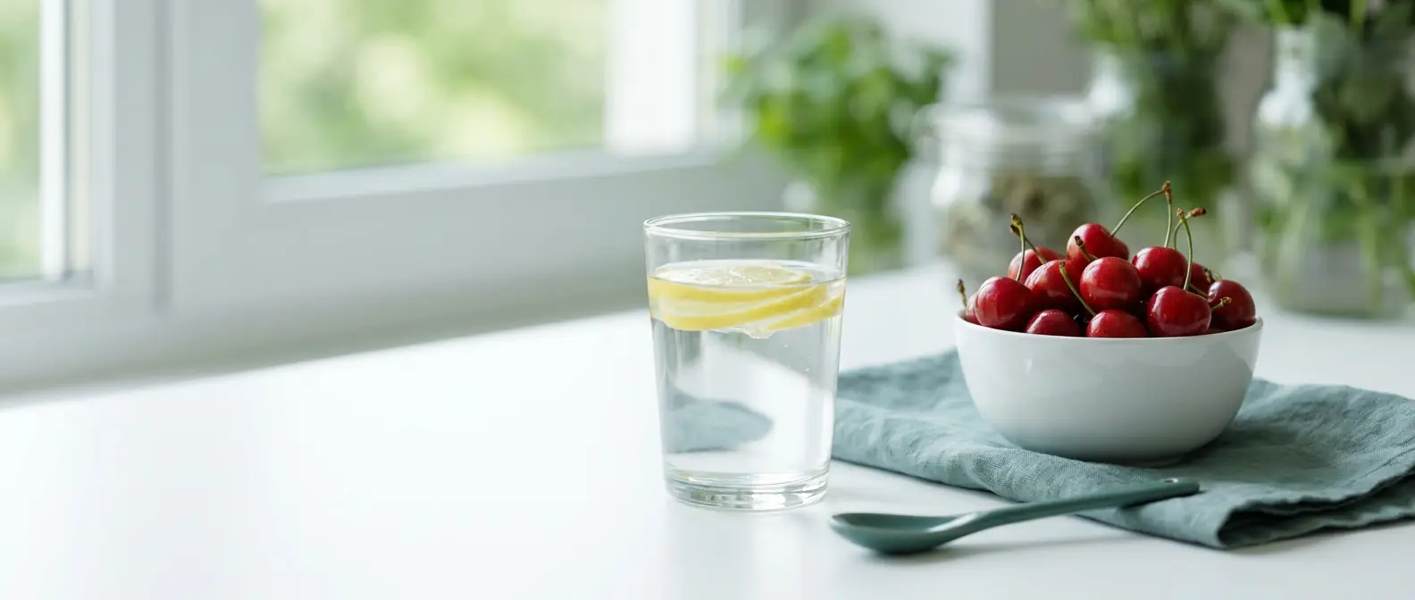 Ein Glas Wasser mit Zitronenscheiben neben einer Schale frischer Kirschen auf hellem Untergrund — Harnsäure und Gicht unter GLP-1
