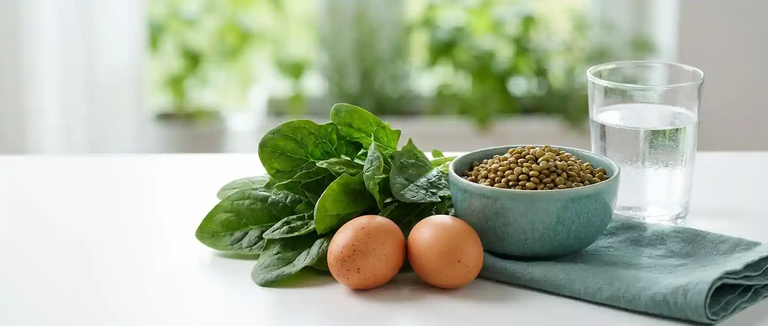 Frisches Blattgemüse, Eier, Linsen und ein Glas Wasser auf hellem Untergrund — B-Vitamin-reiche Lebensmittel rund um den Homocystein-Stoffwechsel