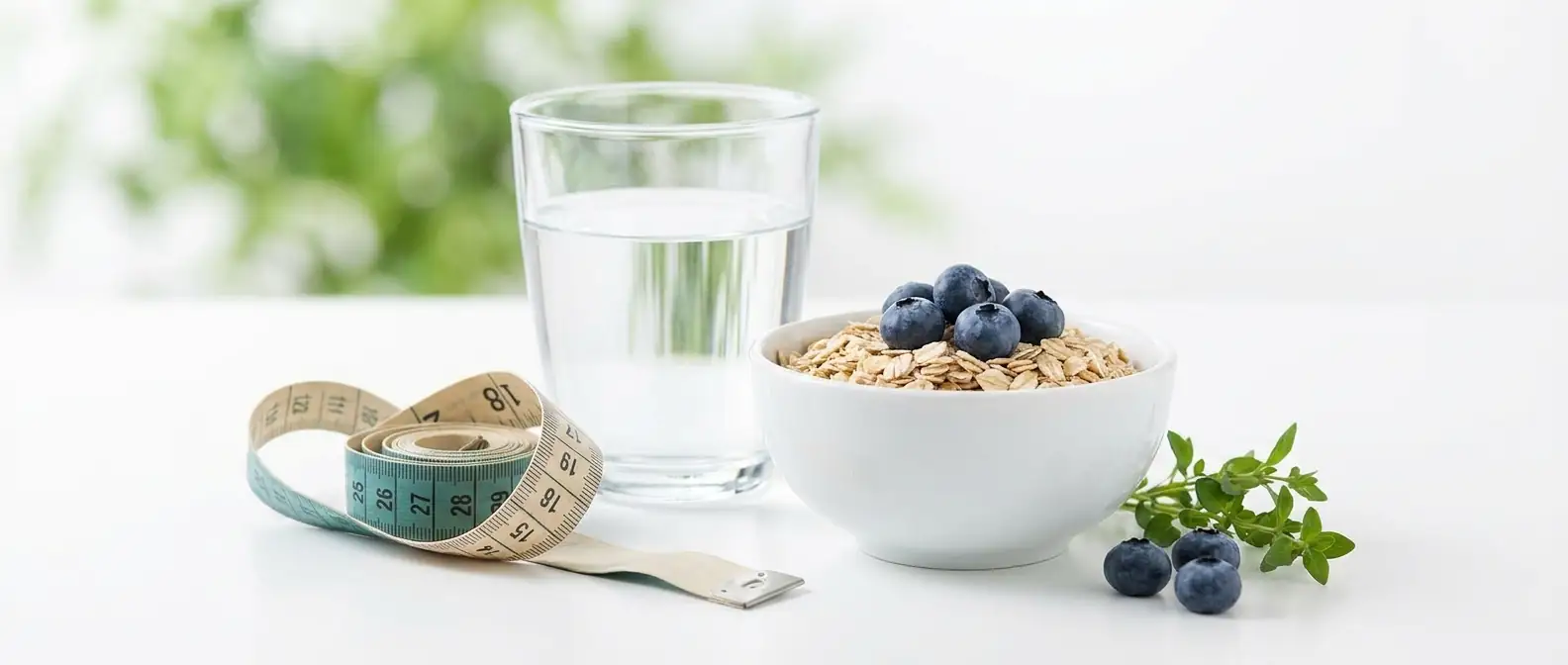 Ein Glas Wasser, eine Schale Haferflocken mit Blaubeeren und ein Maßband auf hellem Untergrund — Insulinresistenz und HOMA-IR verstehen