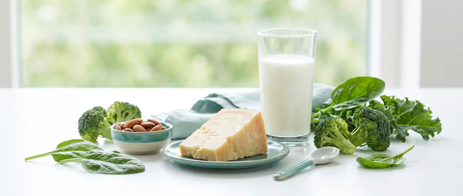Glas Milch, Käse, Mandeln und grünes Gemüse auf hellem Untergrund — kalziumreiche Lebensmittel für die Knochengesundheit unter GLP-1