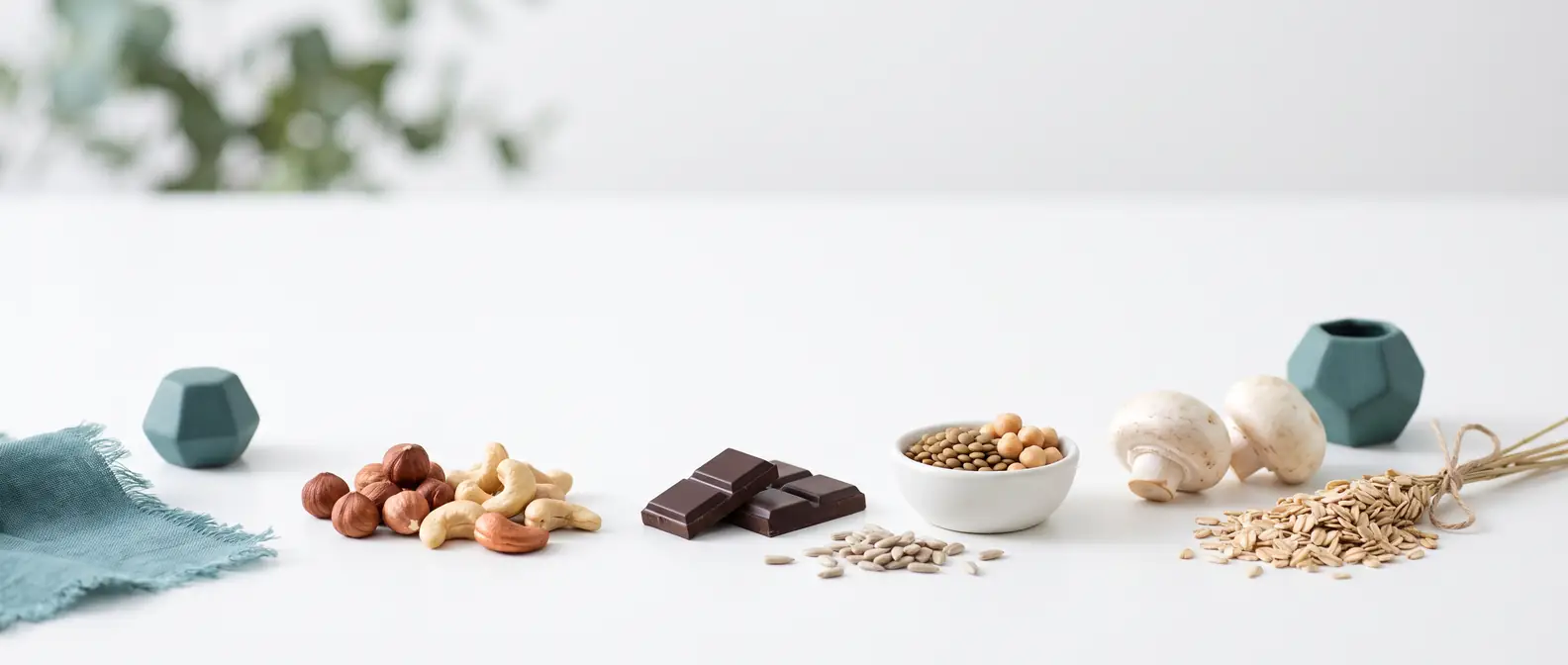 Kupferreiche Lebensmittel auf hellem Untergrund: Haselnüsse, Cashews, dunkle Schokolade, Linsen in einer weißen Schale, Sonnenblumenkerne, Champignons und Haferflocken — Kupferversorgung unter GLP-1