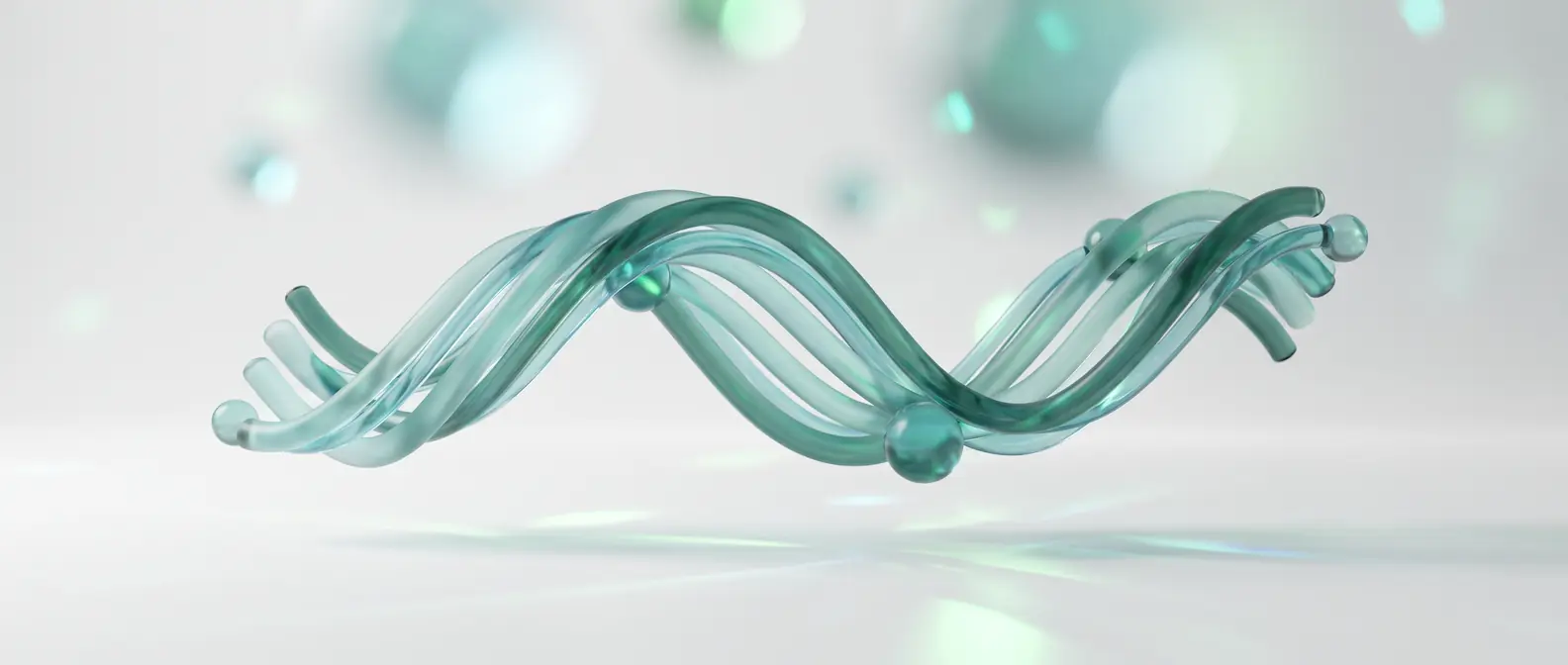 Abstrakte, in Teal gehaltene DNA-Doppelhelix aus Glas vor weißem Hintergrund — Sinnbild für den weitgehend vererbten Blutwert Lipoprotein(a)
