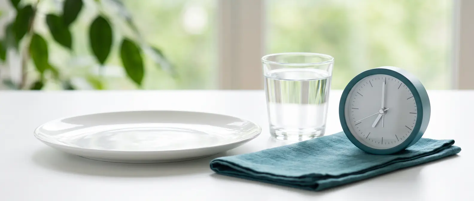 Leeres weißes Gedeck mit einem Glas Wasser und einer kleinen Uhr im Morgenlicht — Symbol für die nüchterne Blutzuckermessung