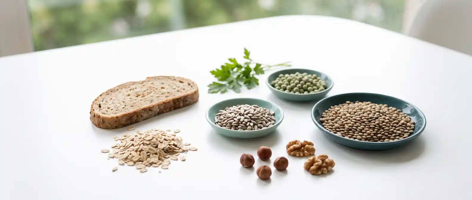 Vollkornbrot, Haferflocken, Sonnenblumenkerne, Erbsen, Linsen und Nüsse auf hellem, cleanem Untergrund mit tealfarbenen Schälchen und grünem Bokeh — Vitamin-B1-reiche Lebensmittel unter GLP-1