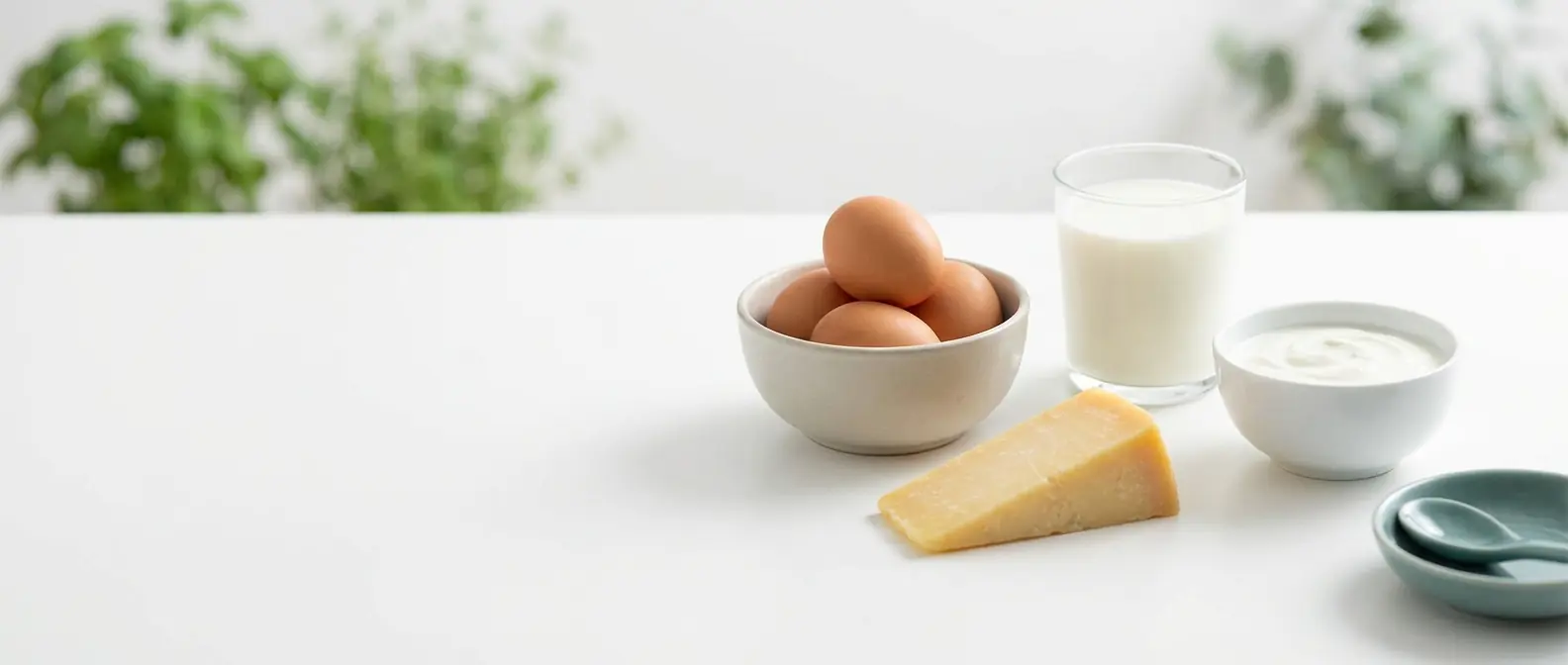 Eier, Käse, Milch und Joghurt auf hellem Untergrund — vitamin-B12-reiche Lebensmittel bei GLP-1