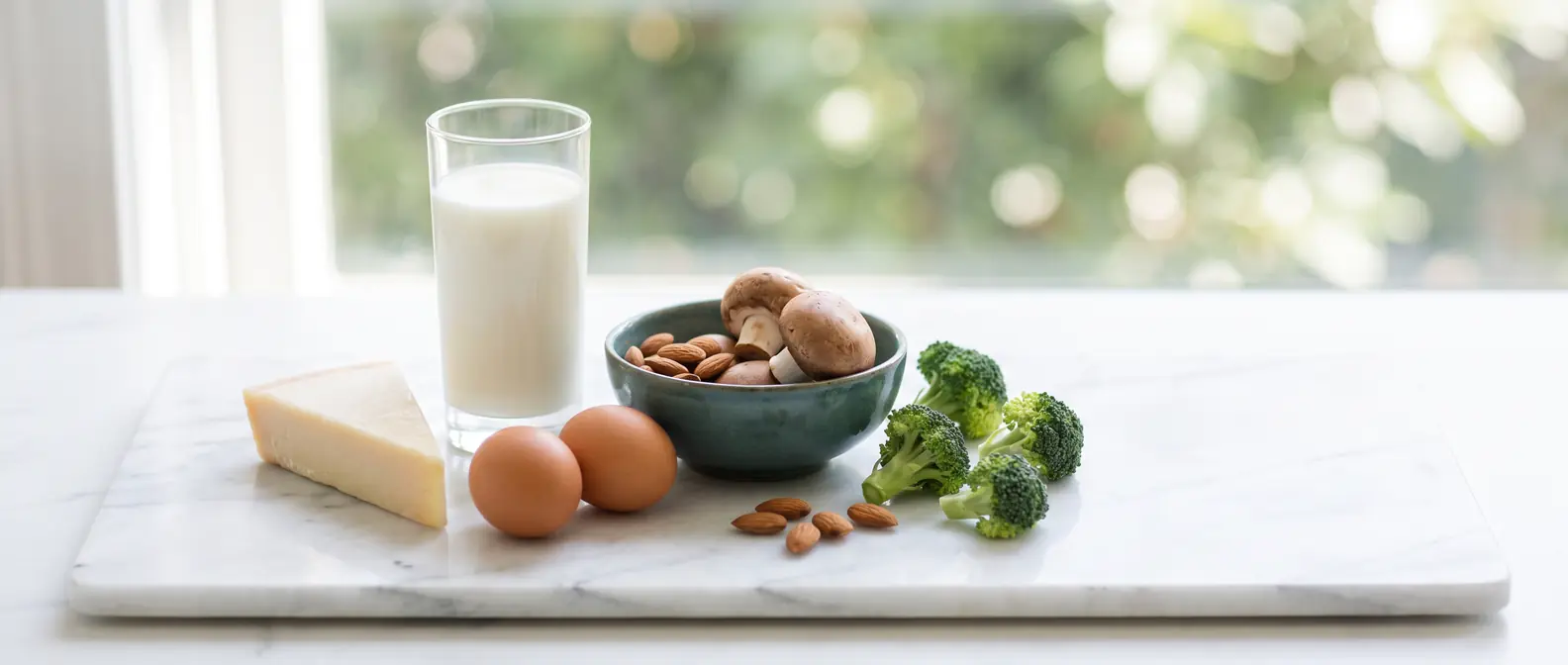 Riboflavinreiche Lebensmittel wie Milch, Käse, Eier, Mandeln und Brokkoli hell und clean auf weißem Untergrund — Vitamin B2 unter GLP-1