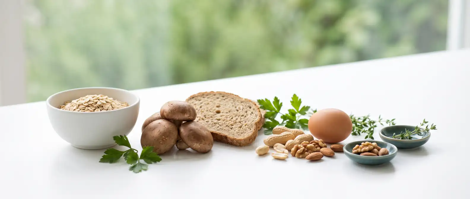 Helle, klinisch-klare Szene mit natürlichen Pantothensäure-Quellen wie Vollkorn, Pilzen und Nüssen auf hellem Untergrund — Vitamin B5 unter GLP-1