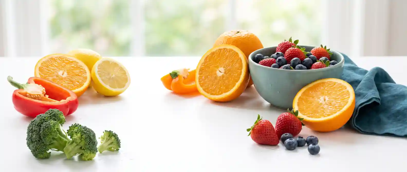 Frisches vitamin-C-reiches Obst und Gemüse — Orangen, Zitrone, Paprika, Brokkoli und Beeren auf hellem Untergrund