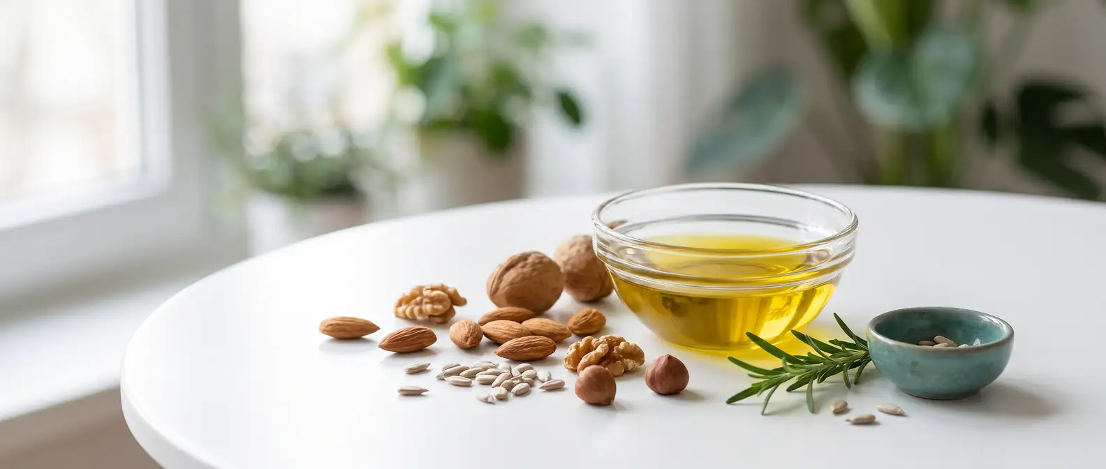 Pflanzenöl in einer kleinen Glasschale, daneben Nüsse, Mandeln und Sonnenblumenkerne auf hellem Untergrund — Vitamin-E-Quellen unter GLP-1