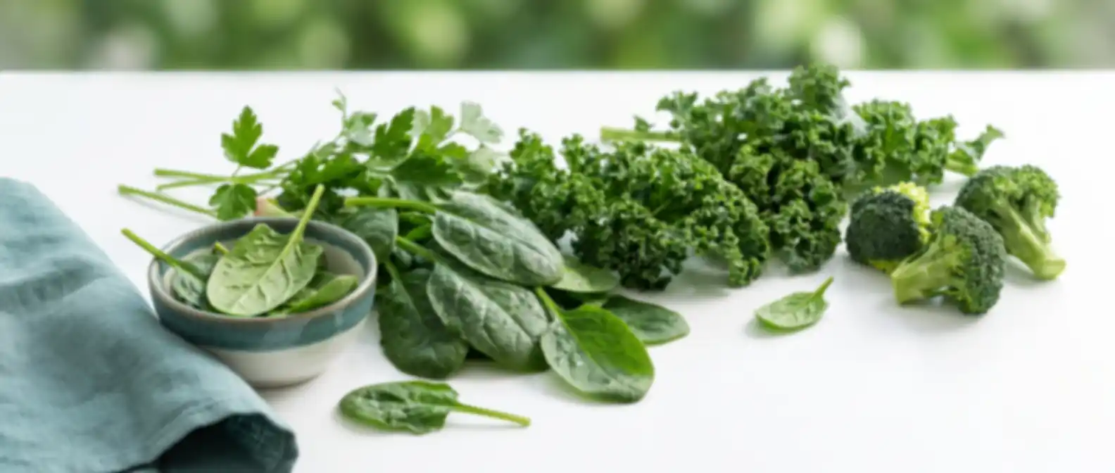 Frische grüne Blattgemüse wie Spinat, Grünkohl und Petersilie auf hellem Untergrund — Vitamin-K-Quellen unter GLP-1